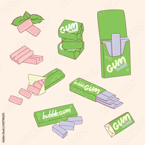 Bubble gum in green pack vector cartoon set isolated on background