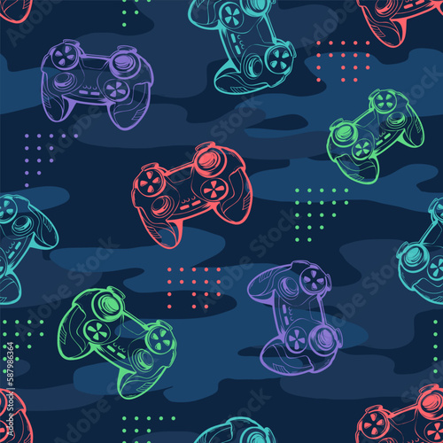 Abstract seamless gamepads pattern on dark blue digital background. Linear game pads repeat print. Gaming endless ornament. Game things wrapping paper with text New level, super, play