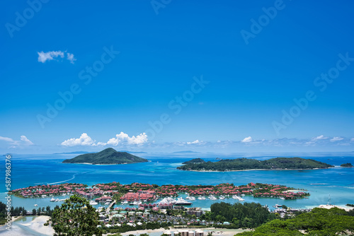 View of eden island, St Anne island and the marine park of St Anne, Mahe Seychelles
