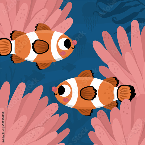 Vector under the sea landscape illustration with clown fish and actinia. Ocean life scene with sand, seaweeds, corals, reefs. Cute square water nature background. Aquatic picture for kids.