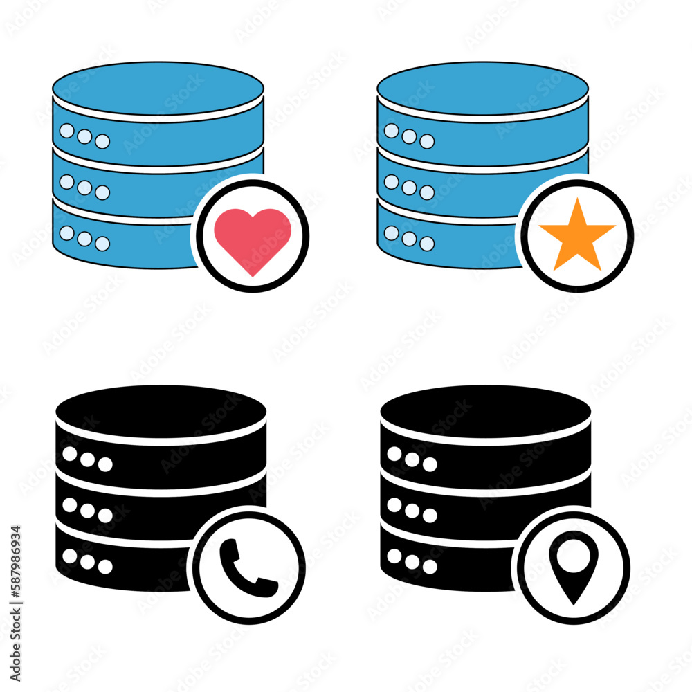 Set of Database storage icon, internet network server cloud data symbol, connection system vector illustration Set of Database storage icon, internet network server cloud data symbol, connection system vector illustration
