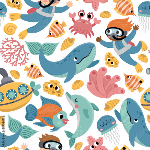 Vector under the sea seamless pattern. Repeat background with cute fish  seaweeds  divers  submarine. Ocean life digital paper. Funny water animals and weeds illustration with dolphin and whale.