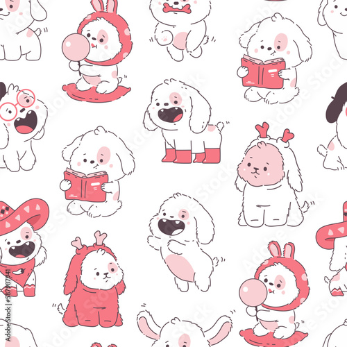 Cute dogs vector cartoon seamless pattern background for wallpaper, wrapping, packing, and backdrop.