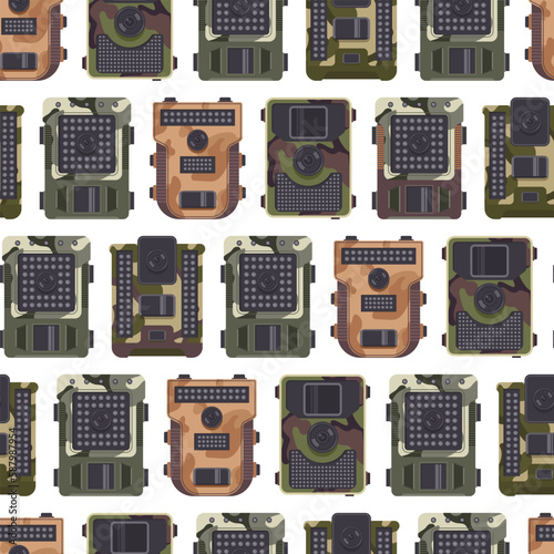 Trail camera vector cartoon seamless pattern background for wallpaper, wrapping, packing, and backdrop.