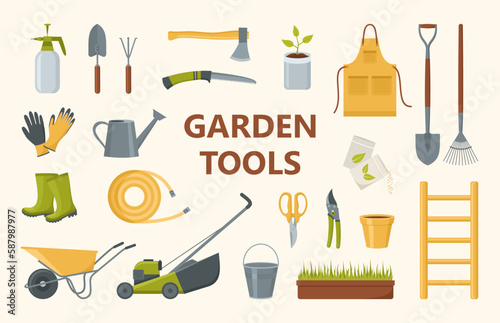 A set of gardening equipment, tools and clothes. Vector illustration in flat style