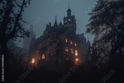 Spooky old gothic castle, foggy night, haunted mansion