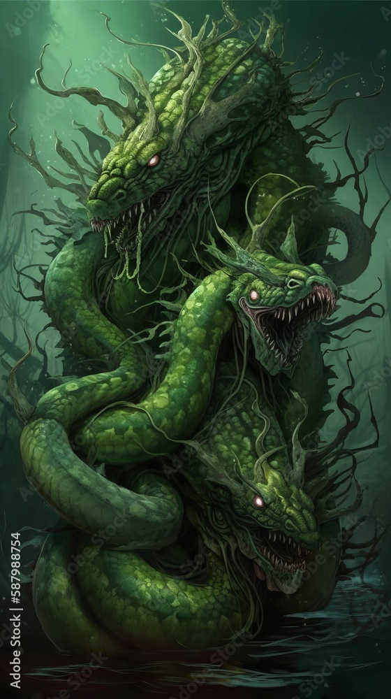 the Hydra is a monster with many heads, each of which can fire poisonous saliva at its victims - obrazy, fototapety, plakaty 
