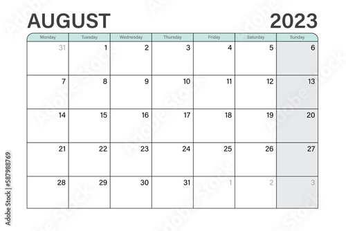 2023 August illustration vector desk calendar or planner weeks start on Monday in light green and gray theme photo