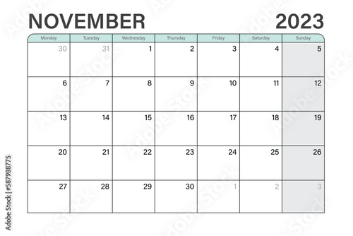 2023 October illustration vector desk calendar or planner weeks start on Monday in light green and gray theme