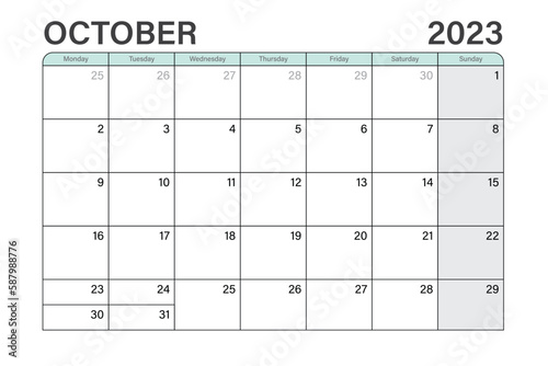 2023 November illustration vector desk calendar or planner weeks start on Monday in light green and gray theme