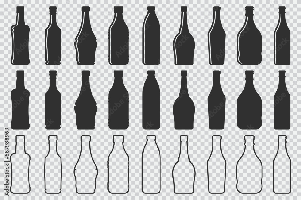 Bottles vector black silhouettes icons set isolated on a transparent background.