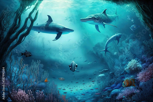 Underwater world with inhabitants and swimming Sharks. Created with Generative Ai technology.
