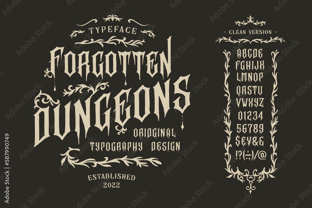 Vector vintage font Dungeon. Letters and numbers