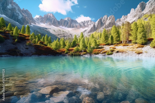 beautiful landscape with a lake on the background of mountains. generative ai