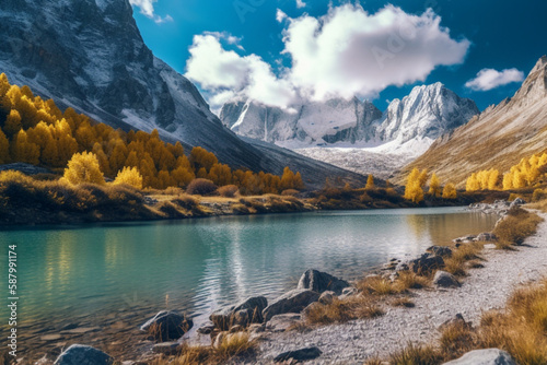 beautiful autumn landscape with a lake on the background of mountains. generative ai