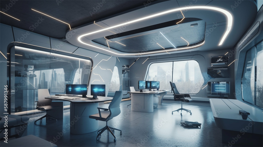 Futuristic office / workspace of a technology business in minimalistic modern style -Generative art Futuristic office / workspace of a technology business in minimalistic modern style -Generative art