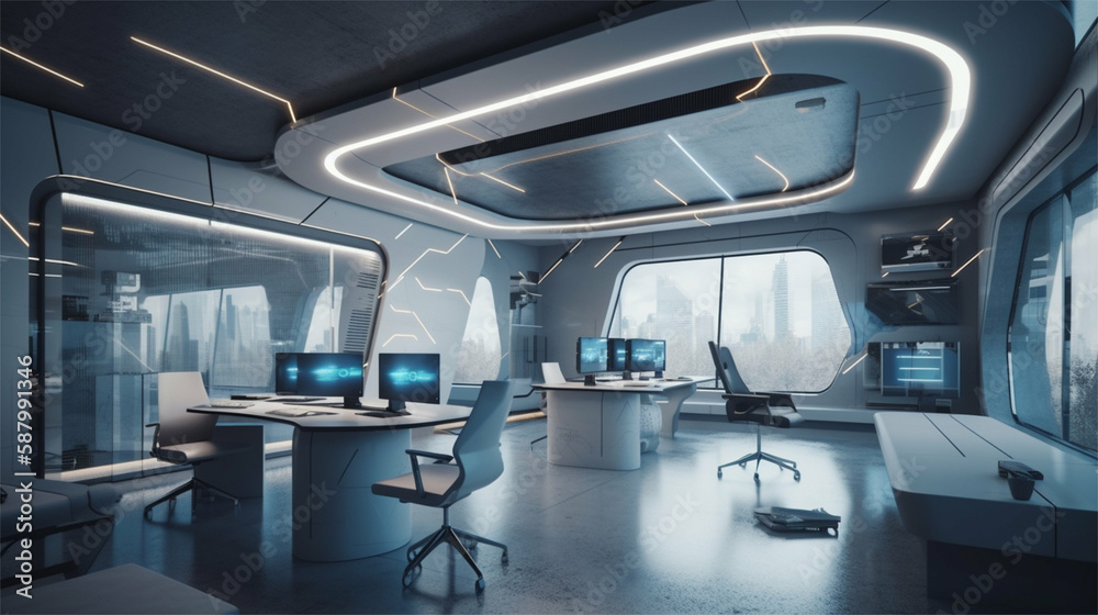 Futuristic office / workspace of a technology business in minimalistic modern style -Generative art