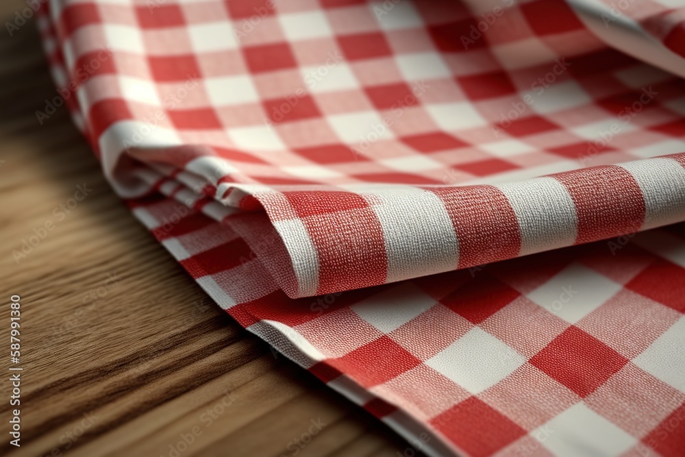 Obraz premium Checkered tablecloth on wooden table. Ai. Picnic background