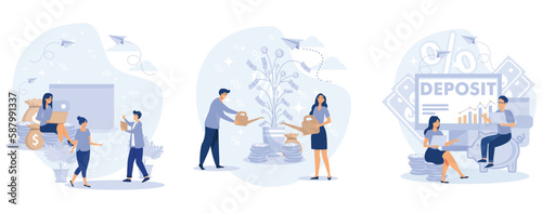 Deposit concept. Longterm money saving finance. Tiny people put money in bank safe with dollars. Bank account, banking, bank security, safety, money tree, set flat vector modern illustration