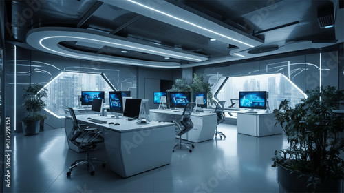 Futuristic office / workspace of a technology business in minimalistic modern style -Generative art © Boris