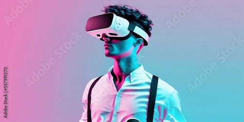 Web banner of young  man wearing virtual reality headset. VR concept