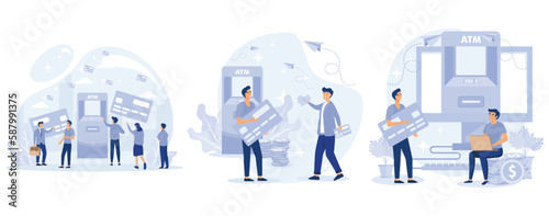 ATM concept. Tiny people waiting in line near atm machine holding credit card and money. Banking terminal. Online payment, set flat vector modern illustration 