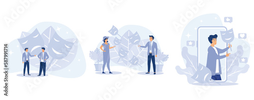 Masking true feelings concept. Human masquerade. Tiny people trying on carnival masks with happy or sad expressions, set flat vector modern illustration 
