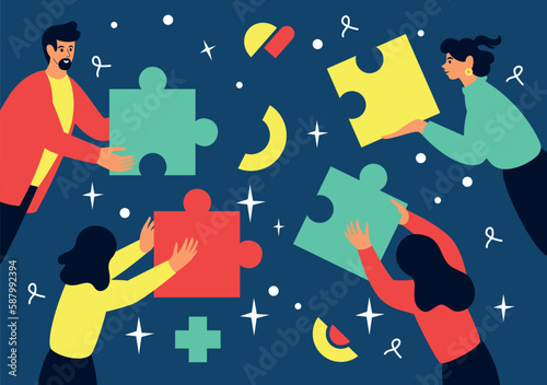 Business teamwork, puzzle team, male and female employee working. Partnership and support, characters building corporate communication, men and women brainstorming. Vector cartoon tidy concept