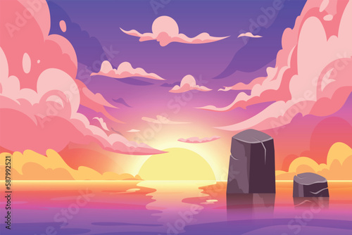 Cartoon ocean sunset landscape. Beach sunrise. Cloud sky. Sea nature. Morning panorama. Pink sun horizon. Water waves. Mountain rocks. Scenic seascape. Vector garish calm background