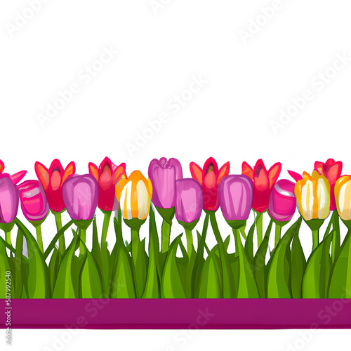 Floral border. Spring seamless pattern. Cute horizontal banner with blooming tulips. 