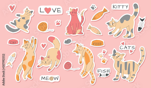 Cute cat stickers. Veterinary shopping. Kitty gifts. For pet portrait or invitation. Funny baby cuteness style. Cheerful domestic animals. Kittens bowls. Vector garish illustration set