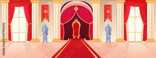 Royal kingdom hall. Castle interior. Ballroom in medieval palace. Queen or king throne. Elegant tapestry. Window and red curtains. Imperial armchair. Vector cartoon recent background