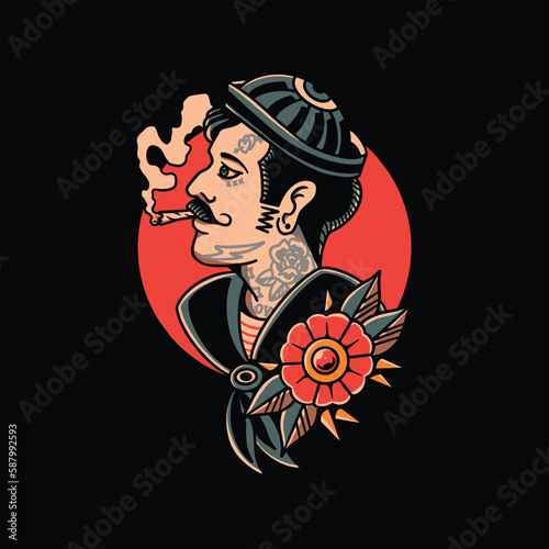 young sailor tattoo vector design