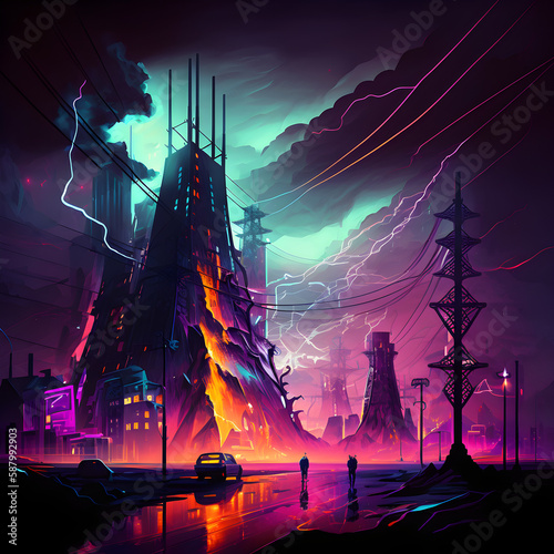 "Electric Dreams" - A painting of a city at night, where the neon lights and glowing signs create a futuristic and surreal atmosphere. The colors and shapes of the lights would create a sense.