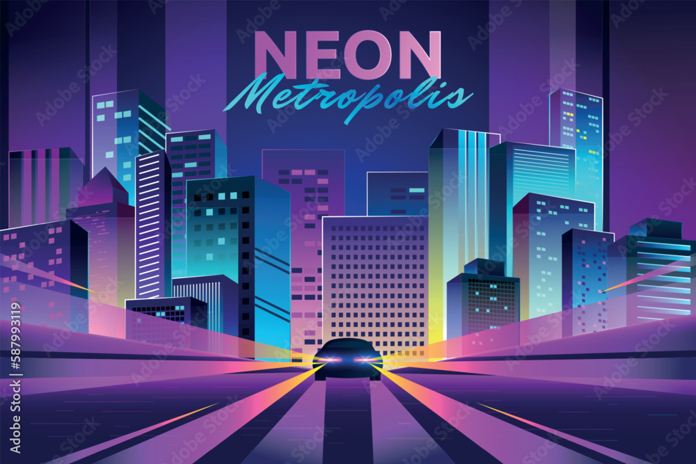 Vecteur Stock Future neon city. Urban road. Night lights on street