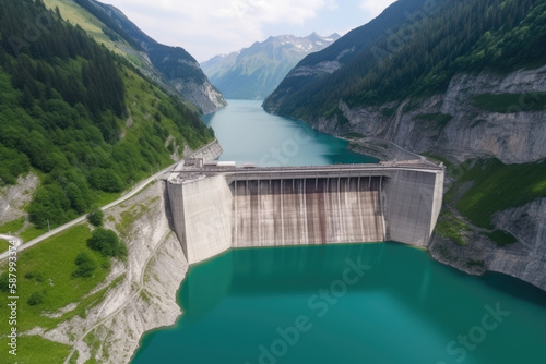 Sustainable hydropower, hydroelectricity generation, renewable energy to limit global warming, aerial view, decarbonize, and summer are all produced by a dam and reservoir lake, generative AI