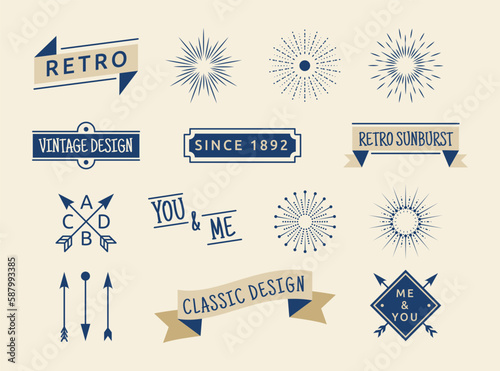 Vintage sunburst rays. Banner with circle lines. Retro hipster elements. Ribbon frames. Logo badge with sun lights and star explosions. Outline starburst. Vector garish borders design set