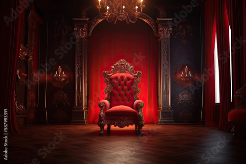 Fotografia The Throne Room with golden royal chair on a background of red curtains