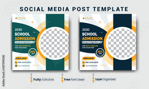 School education admission social media post template, School Admission social media post, Back to school admission social media post, promotional discount banner template design.
