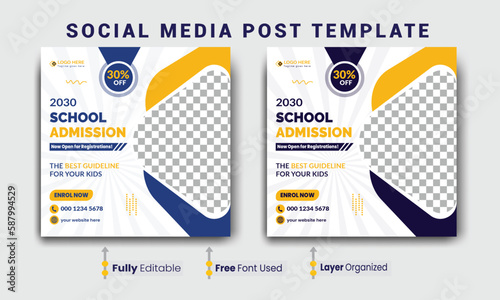 School education admission social media post template, School Admission social media post, Back to school admission social media post, promotional discount banner template design.