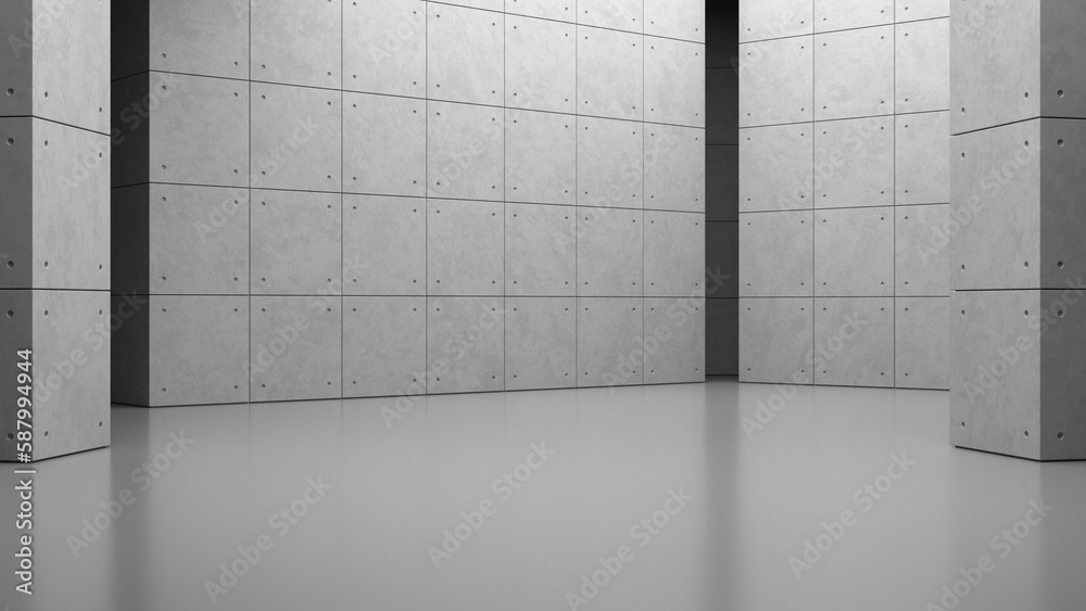 Abstract empty modern loft studio grey concrete plaster rough texture floor and wall hallway room industrial architecture interior products display presentation space background. 3d rendering. Abstract empty modern loft studio grey concrete plaster rough texture floor and wall hallway room industrial architecture interior products display presentation space background. 3d rendering.
