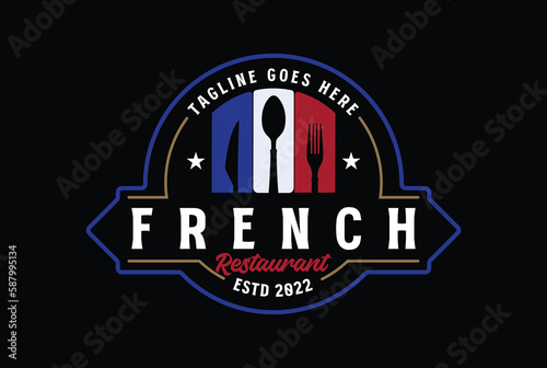 Vintage Retro France French Flag with Spoon Knife Fork for Cafe Restaurant Food Culinary Catering Label Logo Design