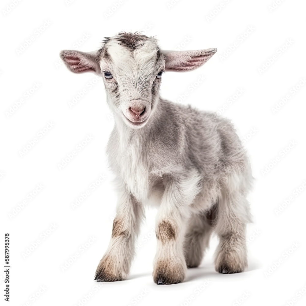 Obraz premium Close up portrait of an expressive baby goat with innocent eyes against a white background. Generative AI