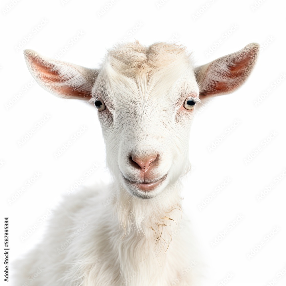 Close up portrait of an expressive baby goat with innocent eyes against a white background. Generative AI Close up portrait of an expressive baby goat with innocent eyes against a white background. Generative AI
