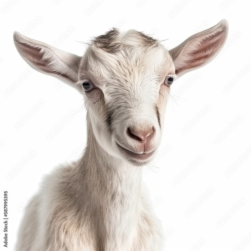 Close up portrait of an expressive baby goat with innocent eyes against a white background. Generative AI Close up portrait of an expressive baby goat with innocent eyes against a white background. Generative AI
