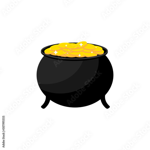 Vector flat cartoon leprechaun pot with gold isolated on white background