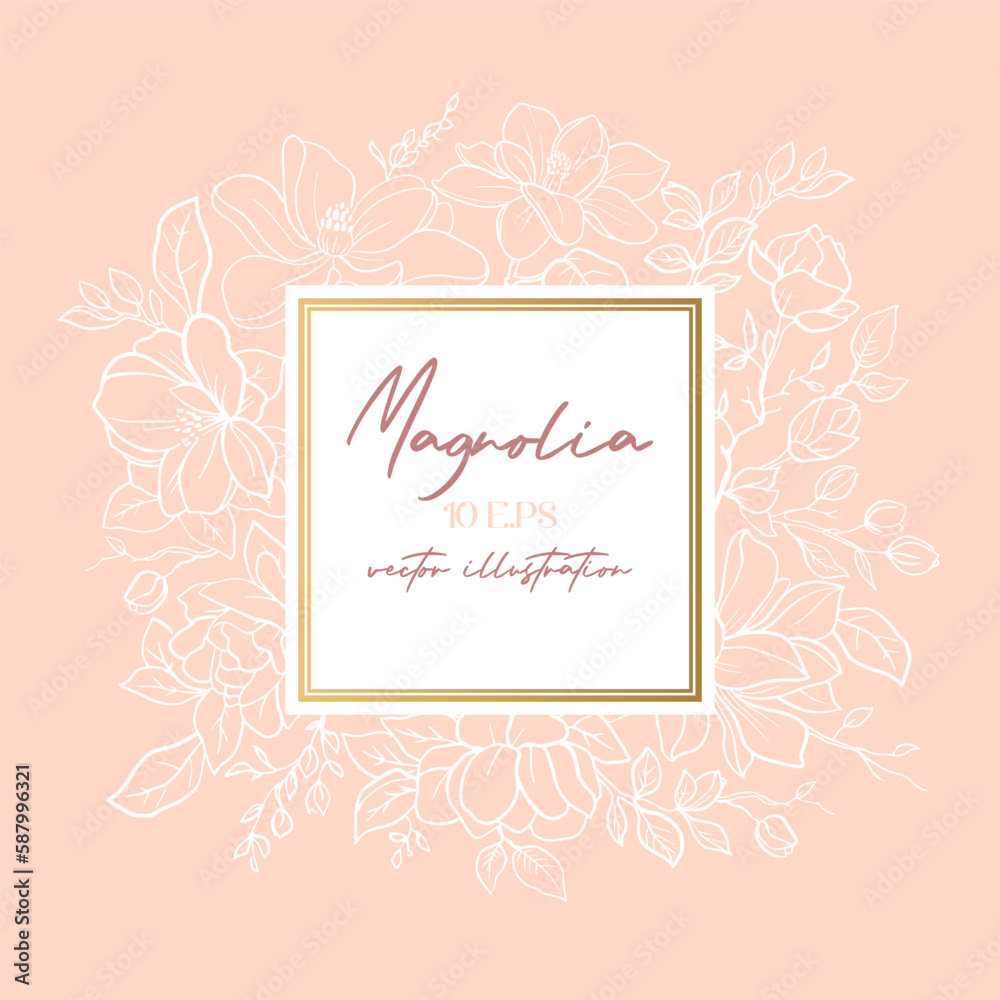 Wedding or party invitation template with a pink magnolia flower. Square card template with botanical design