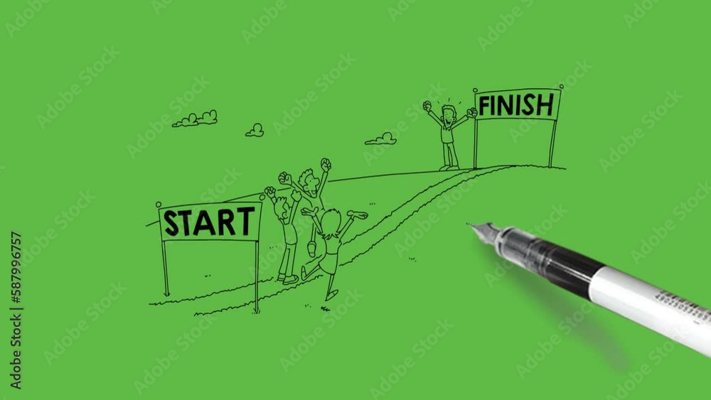 Draw scene of playground with start and finish sign board group of four ...