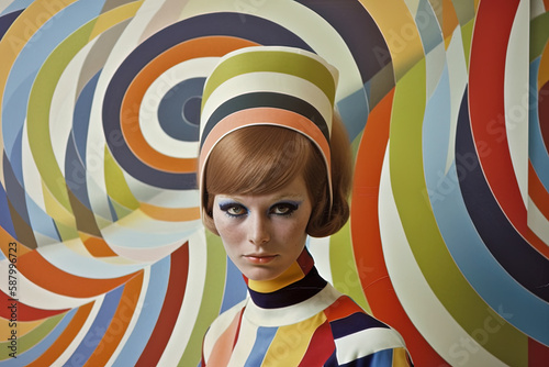 1960's inspired op-art portrait of a young woman created with Generative AI technology photo