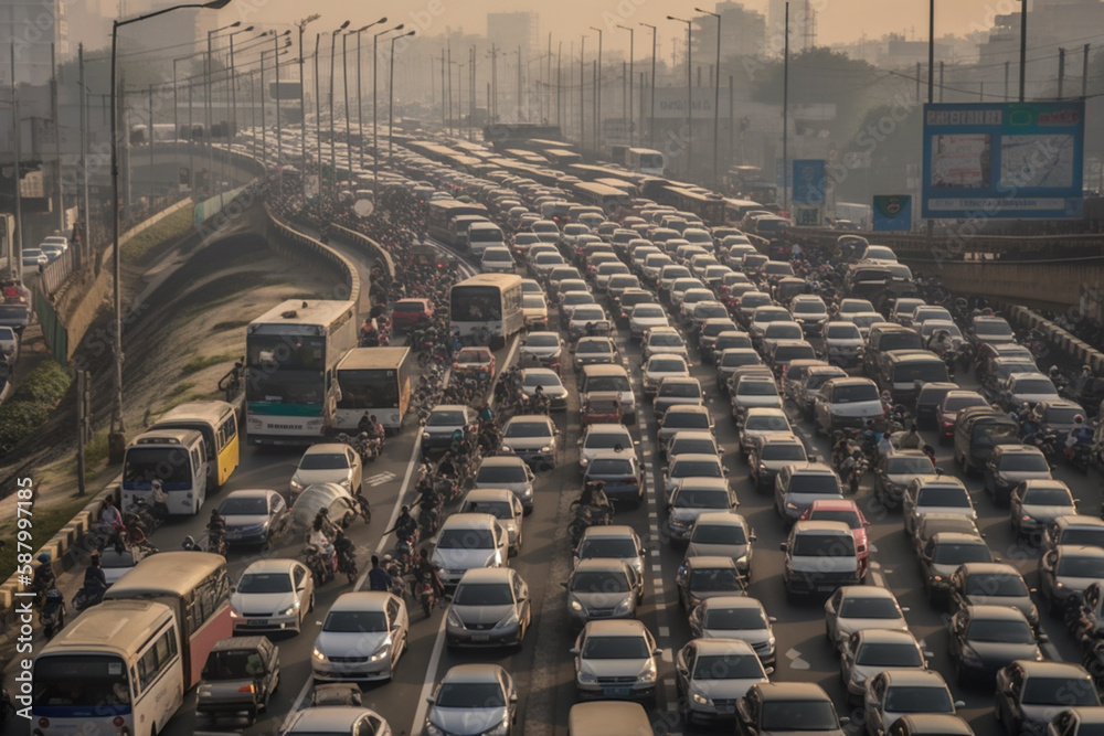 An illustration of a chaotic traffic jam on a busy highway, with vehicles at a standstill. Ai generated. An illustration of a chaotic traffic jam on a busy highway, with vehicles at a standstill. Ai generated.